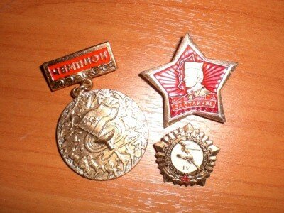 Звезда «За отличие», медаль «Чемпион» и значок «Готов к труду и обороне СССР»
