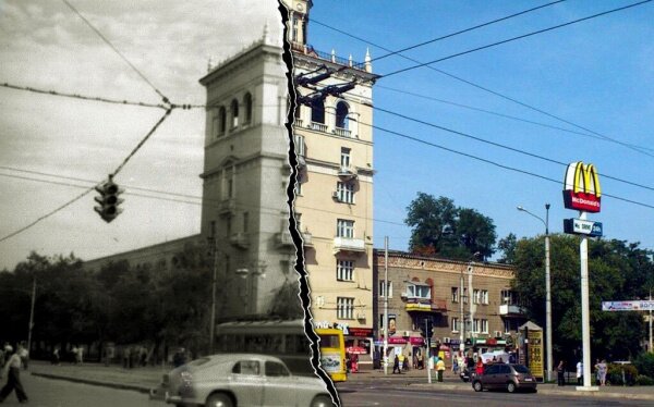 Фотоколлаж каким был проспект Ленина раньше и сейчас